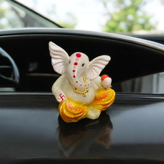 Lord Ganesha Idol for Car Dashboard | Composite Marble Ganesh | Available in White, Golden & Black | Small Sitting Ganpati Murti