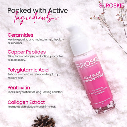 Suroskie Rose Glass Skin Moisturizer 50Ml | Enriched With Collagen, Ceramides & Polyglutamic | 4 In 1 Moisturizer, Glowing, Hydrating & Refreshing Skin | All Skin Types | Skin Care For Women