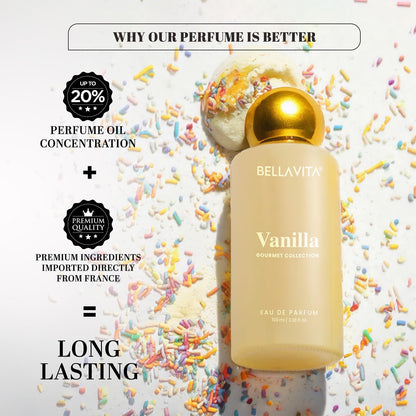 Bellavita Vanilla perfume bottle with colorful sprinkles on a white background