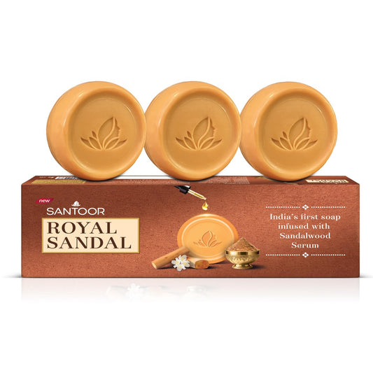 Santoor Royal Sandal Detan Pack | 3 Soaps (150g Each) | 100% Sandalwood Oil & Powder | 3-Step Natural Detan | Reduces tan, Improves complexion, Even Skin Tone & Glow