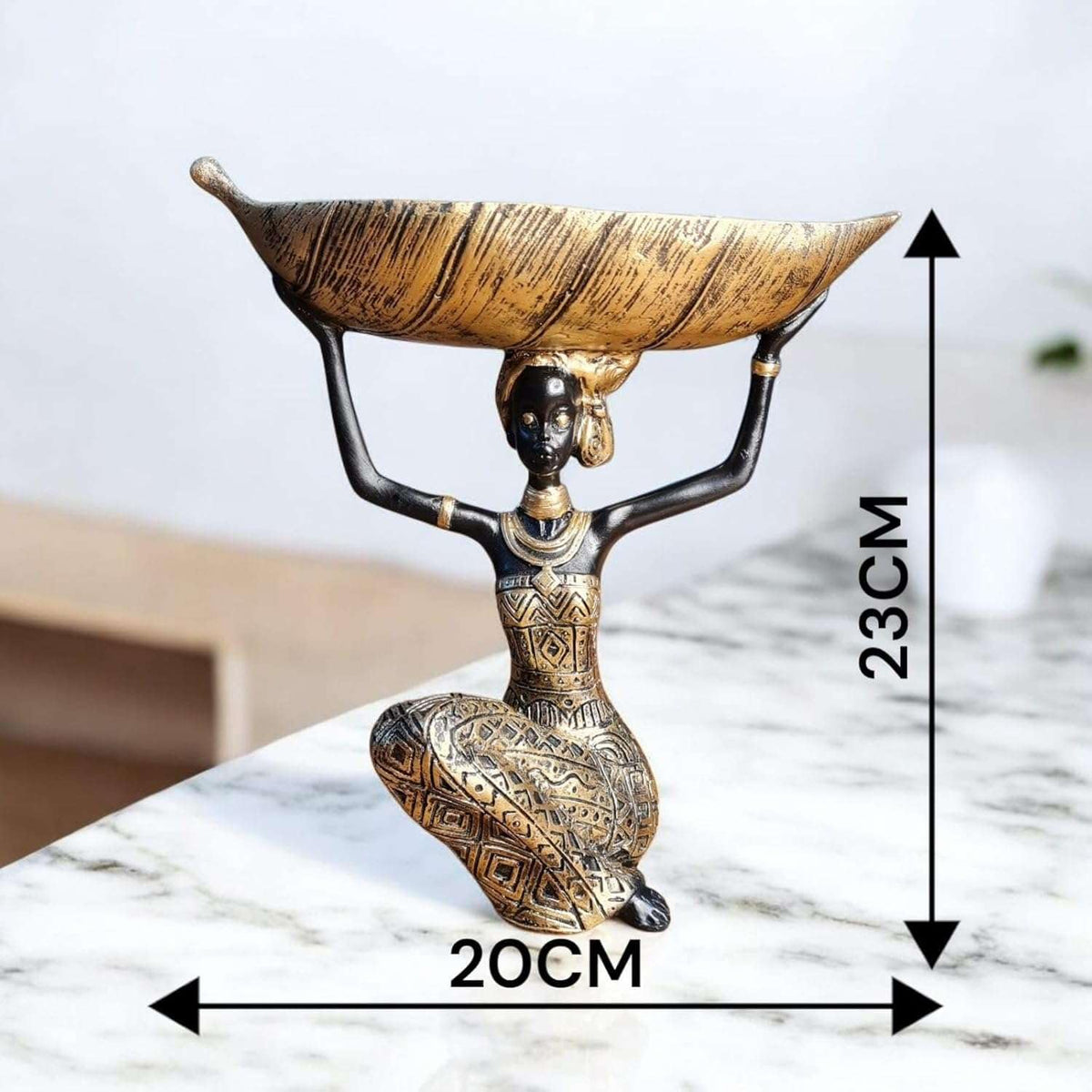 Polyresin African Lady Idol for Home Decor | Decorative Tribal Woman Holding Leaf Bowl Showpiece | Modern Art Table Accent | 20x15x23 cm | Regular Quality