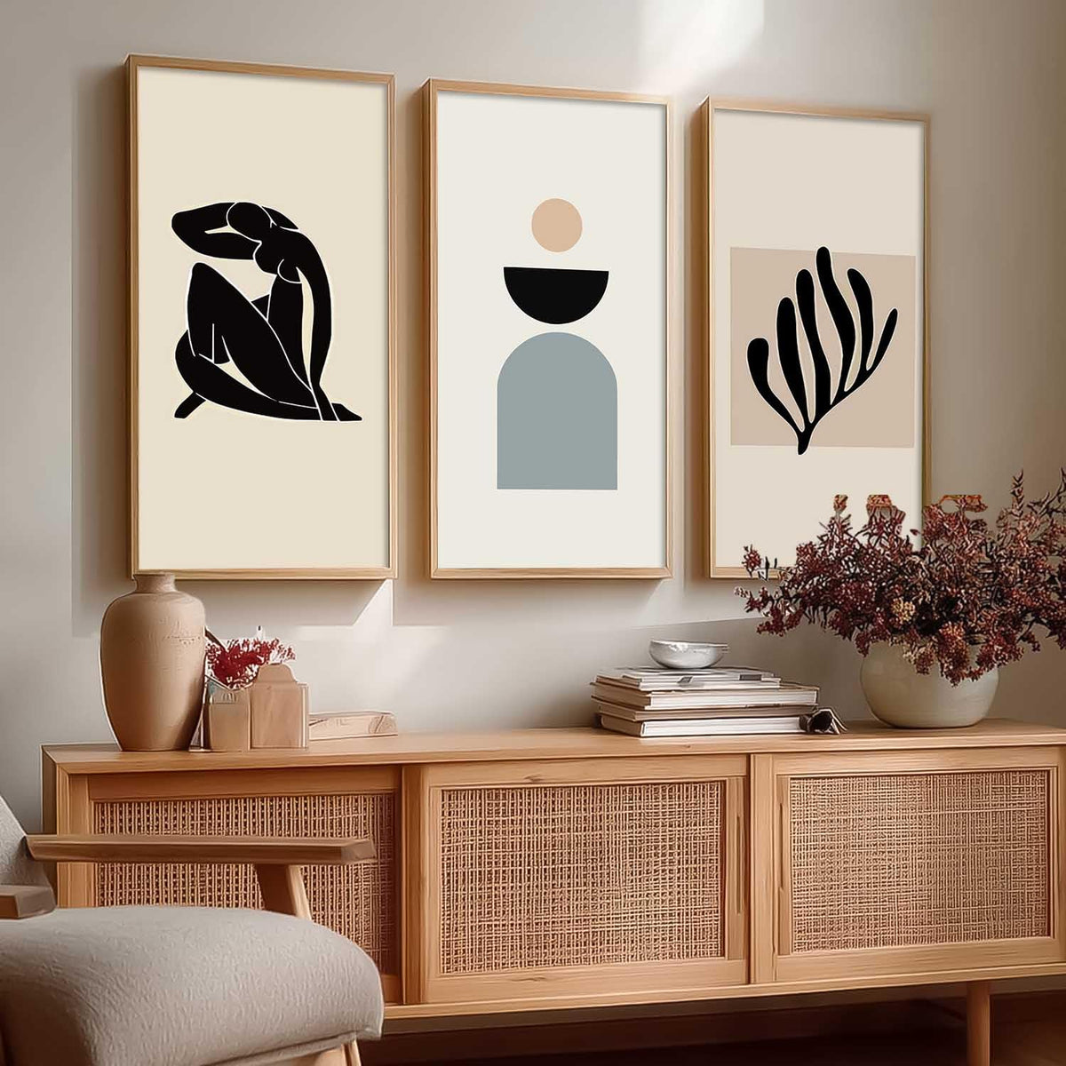 Boho Decorative Modern Wall Art Print With Frame Abstract Paintings For Living Room Bed Room Hotel Wall Decor Digital Reprint Engineered Wood Set of 3 (Art 9, 10x19 inch)