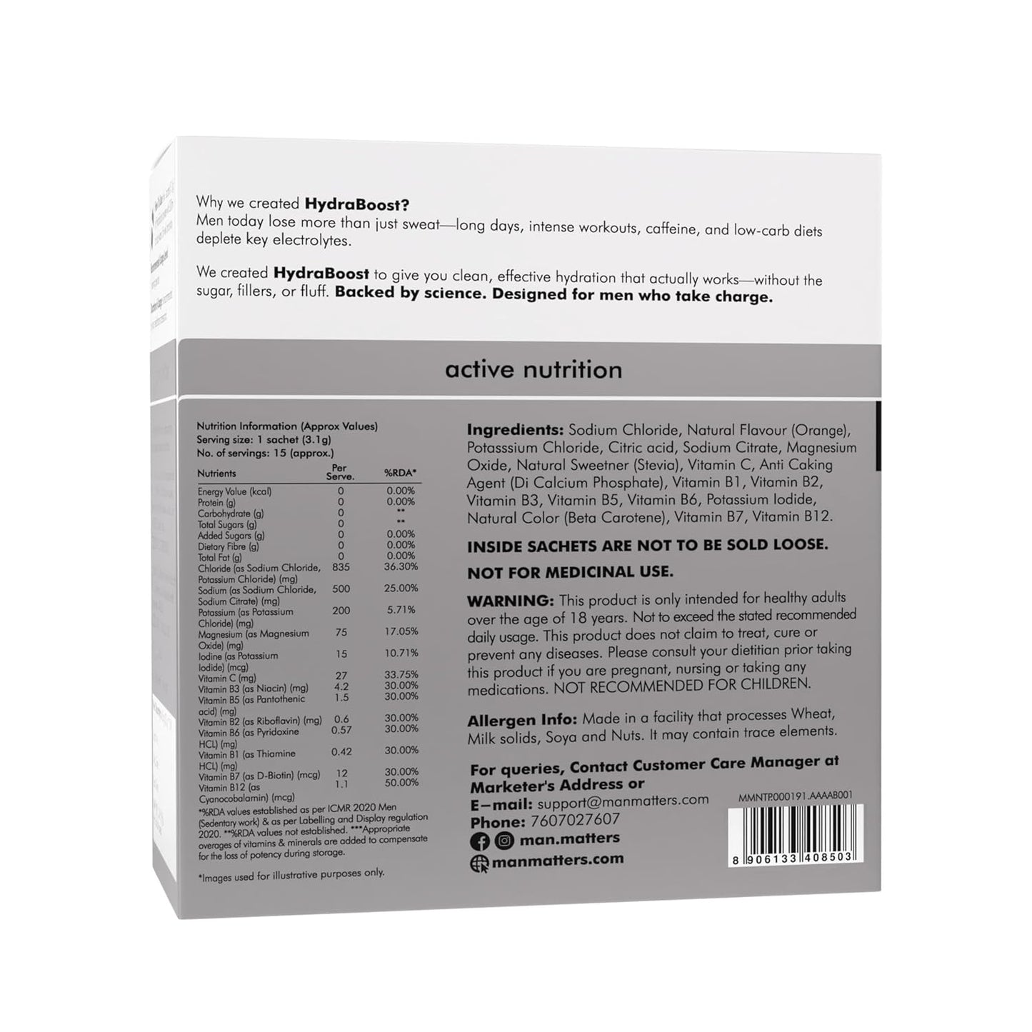Man Matters Hydra Boost Electrolyte Powder | With 4 Electrolytes, 8 Vitamins & Iodine | No Added Sugar or Calories | Boosts Hydration, Fights Fatigue & Sharpens Focus | Orange Flavour | 15 Sachets