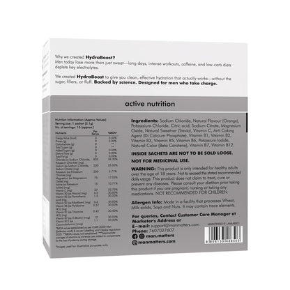 Man Matters Hydra Boost Electrolyte Powder | With 4 Electrolytes, 8 Vitamins & Iodine | No Added Sugar or Calories | Boosts Hydration, Fights Fatigue & Sharpens Focus | Orange Flavour | 15 Sachets