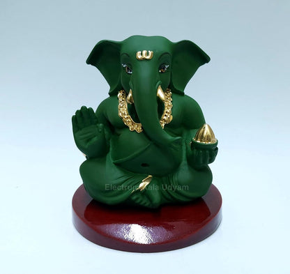 Handcrafted Poly Resin Ganesha Statue with Base - Perfect for Car Dashboard, Office Desk, Shelves, and Home Decor - Ideal Housewarming Gift! (Appugreenwithbase)