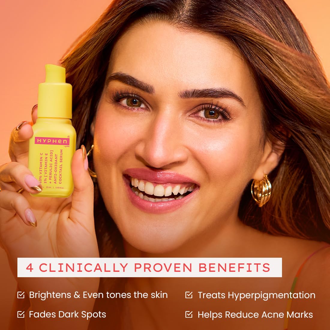 Woman holding a yellow bottle with text about clinically proven benefits on an orange background