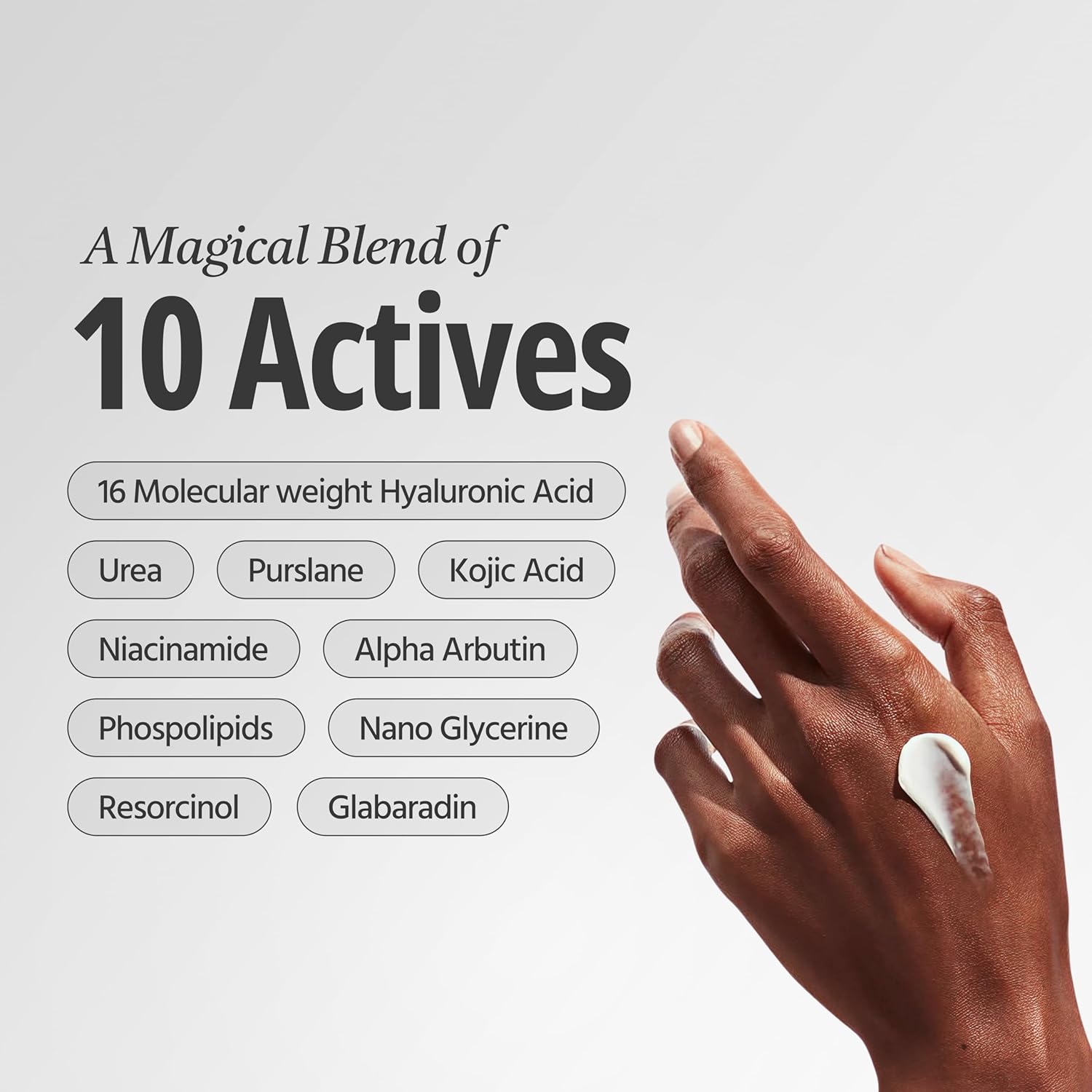Hand with cream and list of '10 Actives' on a light gray background