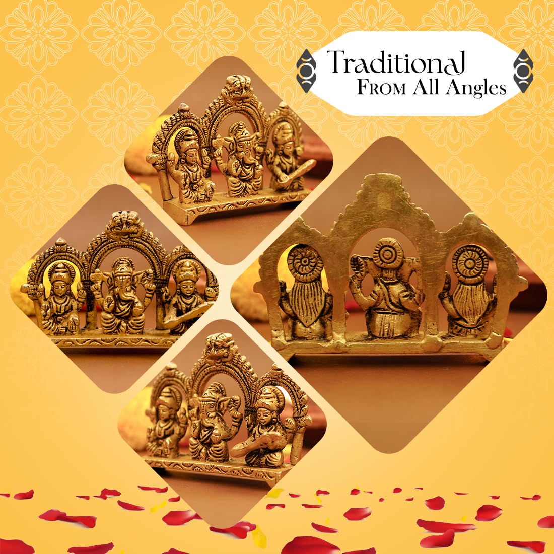 100% Pure Brass Laxmi Ganesh Saraswati Murti (Size: 8.0 cm) | Lord Ganpati Lakshmi Saraswati Maa Idol for Diwali Puja | God Idols for Pooja Room or Griha Pravesh Ceremony