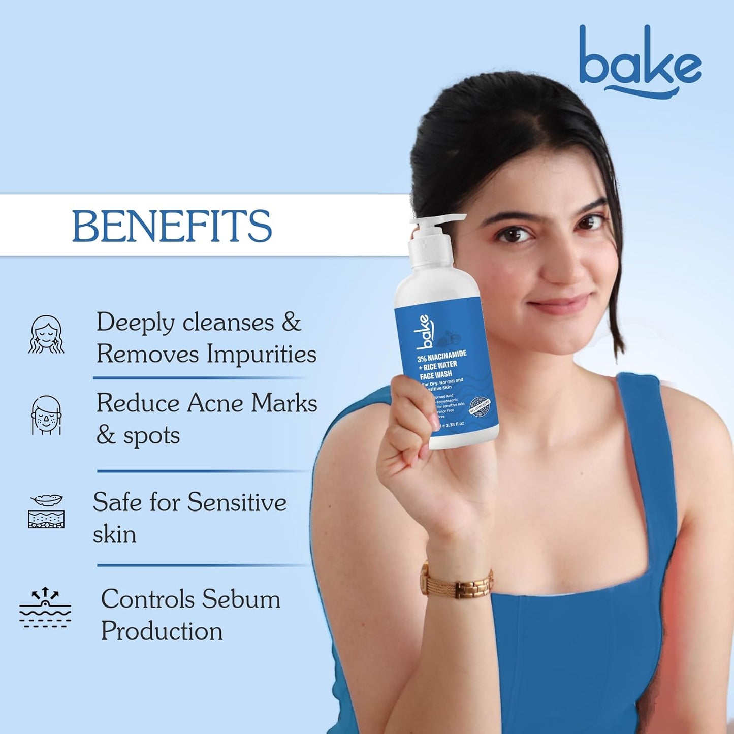 BAKE 3% Niacinamide Face Wash with Rice Water for Acne Marks, Scars & Dark Spots | Daily Anti Acne Face Wash | With Hyaluronic Acid - 100ml