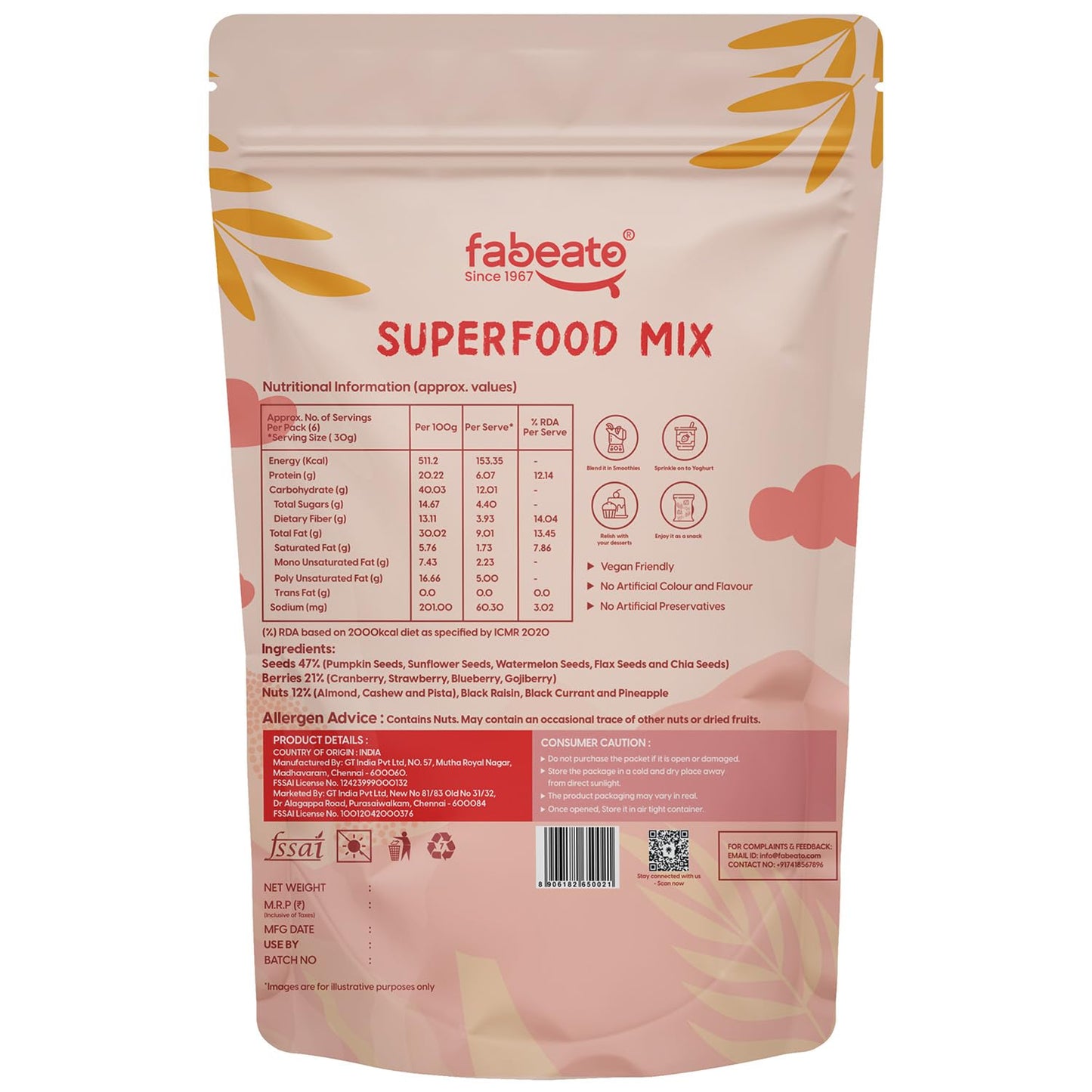 Fabeato 15-In-1 Premium Superfood Mix 200g |Trail Mix |Nuts, Dry Fruits, Seeds and Berries | Rich in Dietary Fiber, Rich in Protein|Trans Fat free|Rich in PUFA