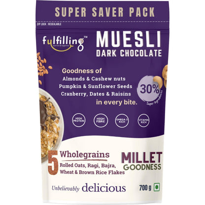 Fulfilling Chocolate Muesli- Tasty & Healthy Breakfast Cereal 700g, Dry fruit & Nuts, Omega 3 rich Pumpkin & Sunflower Seeds + Cranberry | Rolled Oats + Millet Flakes | Vegan