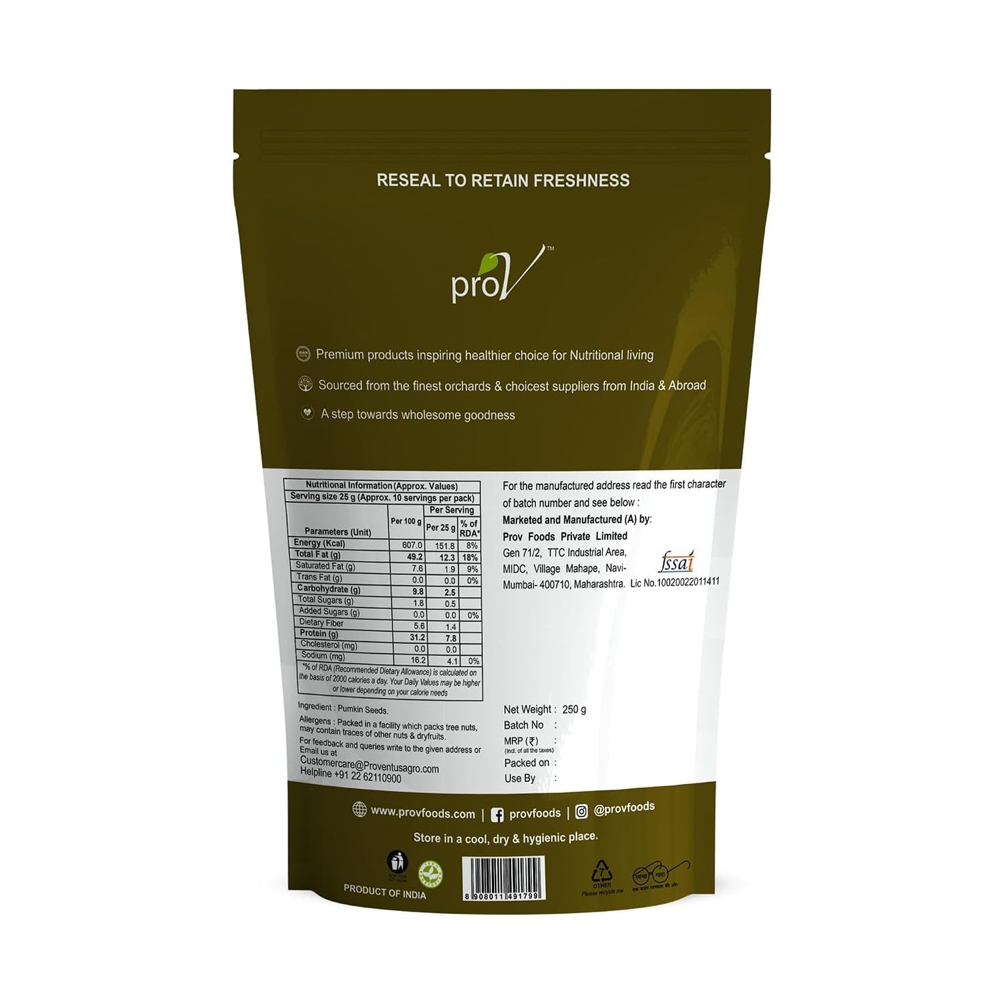ProV Premium Pumpkin Seeds | 250g | High Protein & Fiber | No Cholesterol, No Added Sugar | Kaddu Beej Snack