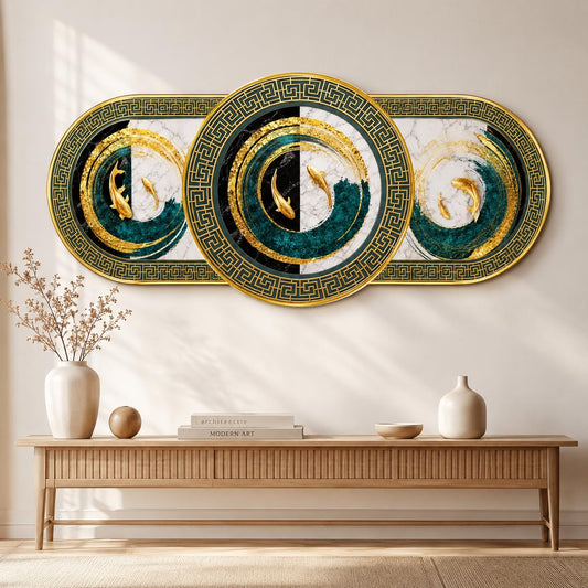 Golden Koi Fish Abstract Wall Painting for Living Room Bedroom Kids Room Decor, Teal Marble Round Art with Premium PVC Golden Frame (16 x 35 Inch)