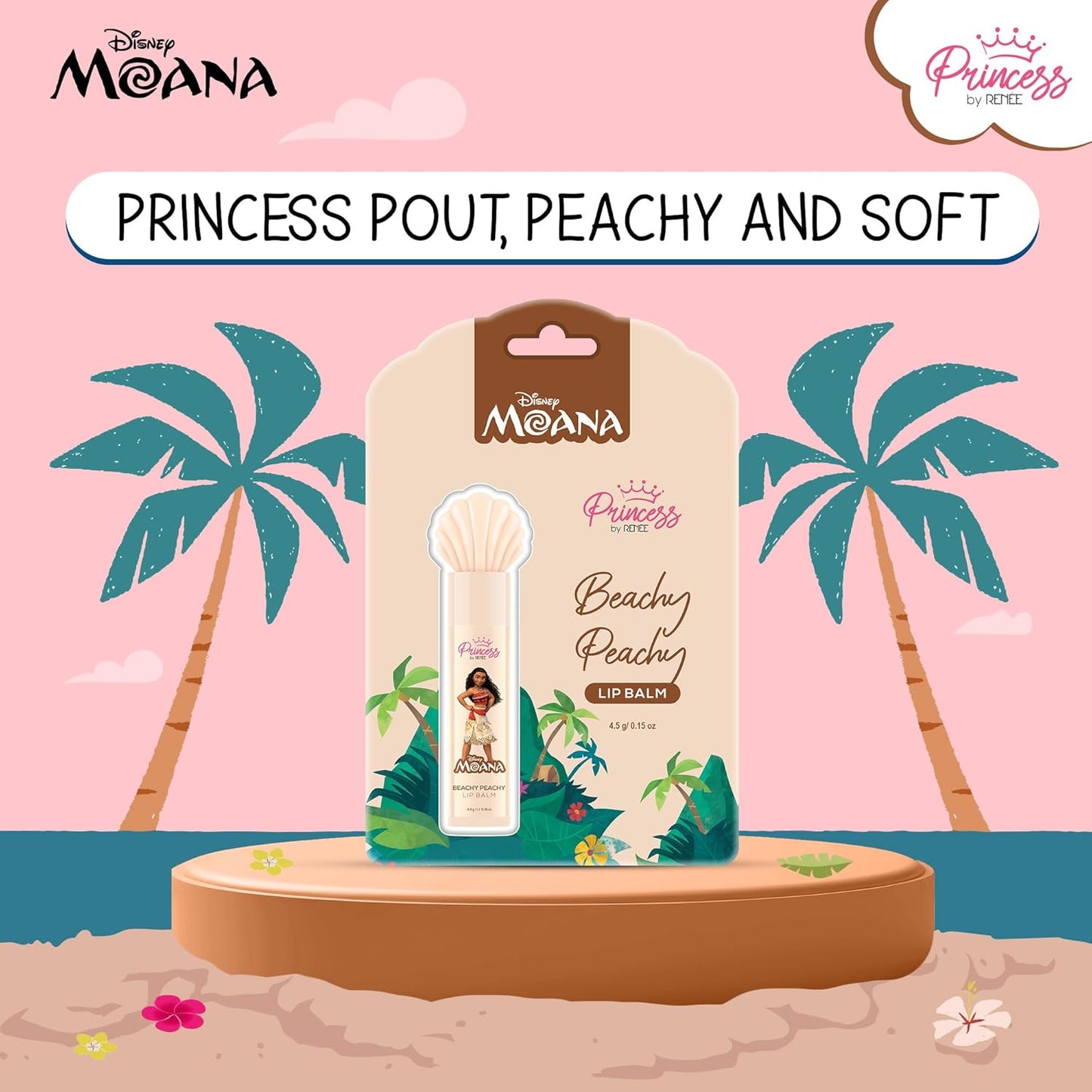 Disney Moana lip balm packaging with palm trees and beach design on a pink background