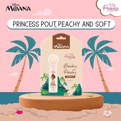 Disney Moana lip balm packaging with palm trees and beach design on a pink background