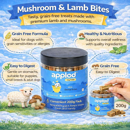 Applod Grain-Free Mushroom & Lamb Dog Treats for Puppies & Adult Dogs | Soft Easy-to-Digest Training Reward Snacks for Small Breeds | Healthy High-Protein Treats | 200g