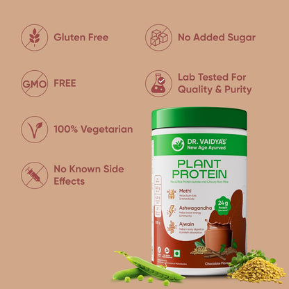 Dr. Vaidya’s Plant Protein Powder | Ayurvedic Pea Protein with Ashwagandha, Methi & Ajwain | 25g Protein per Serving | Muscle Gain, Energy & Weight Loss | 500g Chocolate Flavour