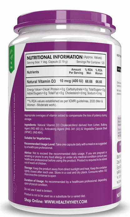 Vitamin supplement container with purple label and nutritional information.