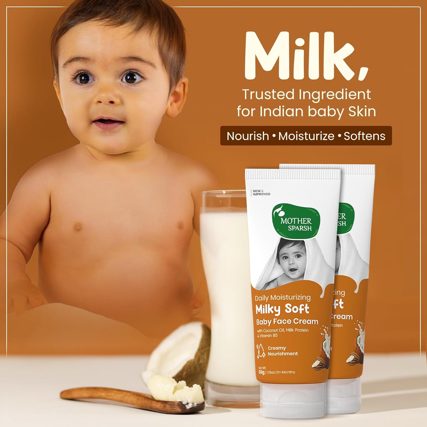 Mother Sparsh Milky Soft Baby Face Cream | Daily Moisturizing Face Cream for Babies With Coconut Oil, Milk Protein & Vitamin B5 | Non Sticky Baby Cream Prevents Dryness- (50g)