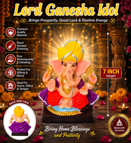 DORAYA EARTH CREATION Clay Ganpati Murti Handmade Eco-Friendly Multicolour Ganesh Idol for Home Temple, Ghar Pooja, Ganesh Chaturthi Decoration, Office Desk & Festive Gift | 6.5 Inch (6.5INCH-1)