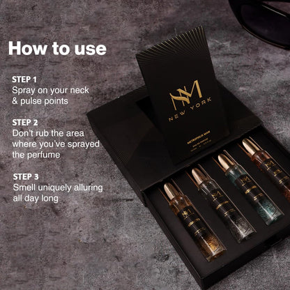 Perfume set with usage instructions on a textured surface