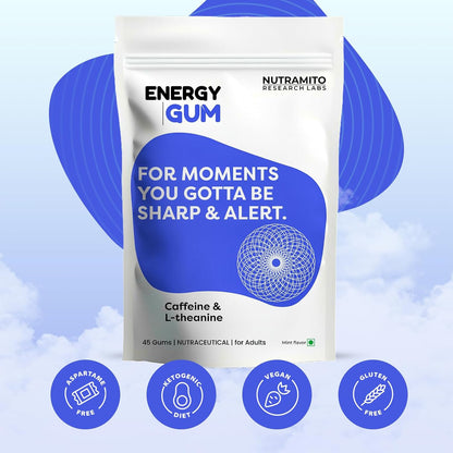 Energy Caffeine Gums by Nutramito (45 Gums) - L-theanine + Natural Caffeine - Energy & Focus Supplement for Women & Men - Mint Flavor | 45 Gums | Contains Caffeine 60mg & L-theanine 40 mg