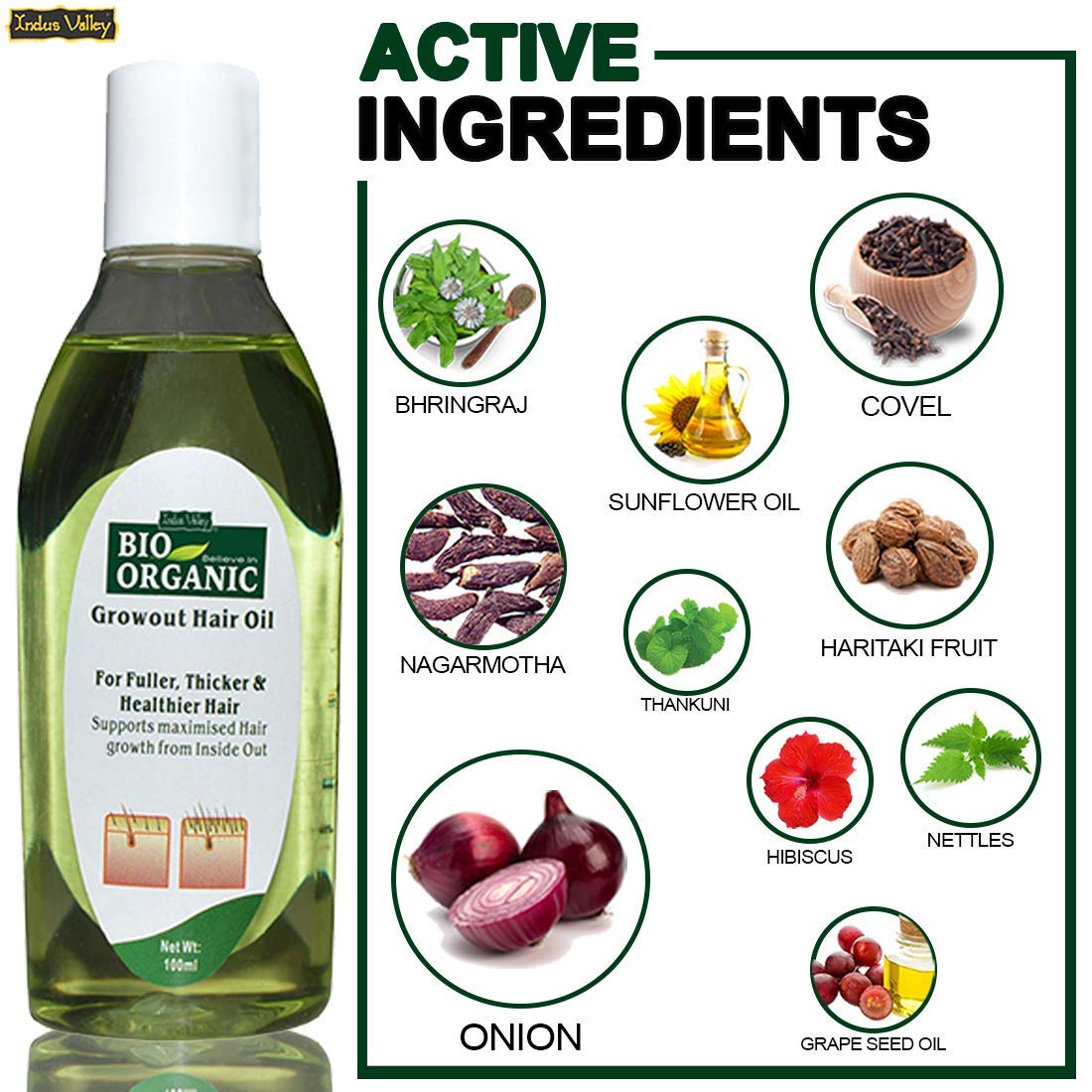 Hair oil bottle with active ingredients listed on a green and white background