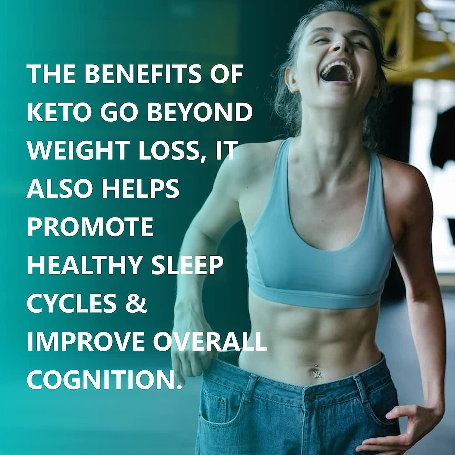 Person in athletic wear with text about keto benefits on a teal background