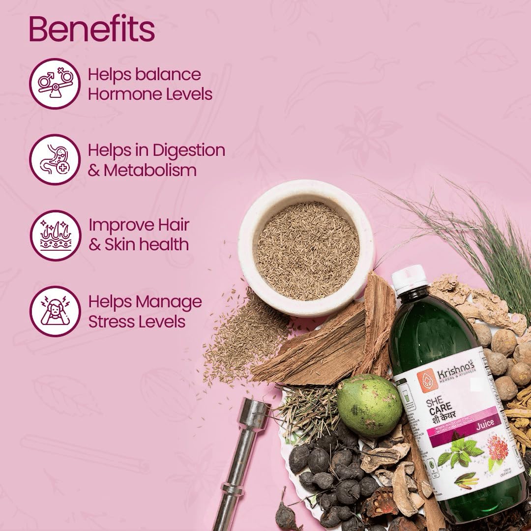 KRISHNA'S HERBAL & AYURVEDA Women's She Care Juice Infused With 5 Herbs for Hormonal Balance, PCOS, PCOD, Period Pain Relief, Hair & Skin Health, Clinically Proven - 1000 ml (Pack of 1)