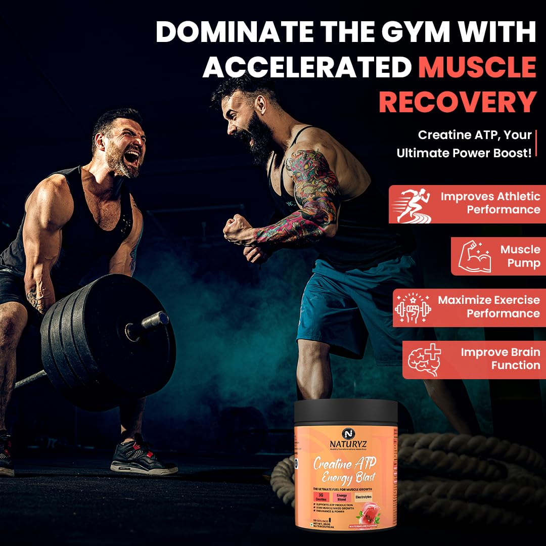 Advertisement for a creatine supplement with two muscular men lifting weights and product packaging.