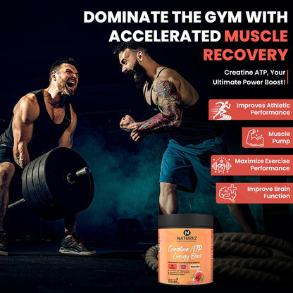 Advertisement for a creatine supplement with two muscular men lifting weights and product packaging.