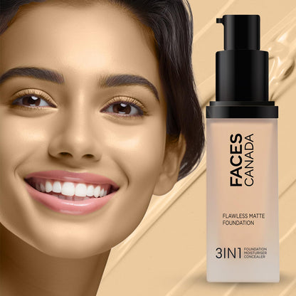 FACESCANADA Flawless Matte Foundation - Rich Ivory 30 Ml|3-In-1 Foundation+Moisturizer Cream For All Skin Types+Concealer|12 Hr Hydration+Spf 18|Hd Matte Coverage|Lightweight|Anti Ageing,Pack Of 1