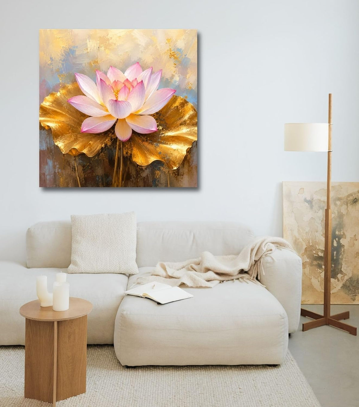 Lotus Flower Painting for Wall Vastu (15+ DESIGNS) Framed Lotus Canvas Painting for Living Room, Bedroom | Nature Floral Wall Art with Multiple Design Variations (Pink Golden Lotus, 18x18 Inch, Framed)
