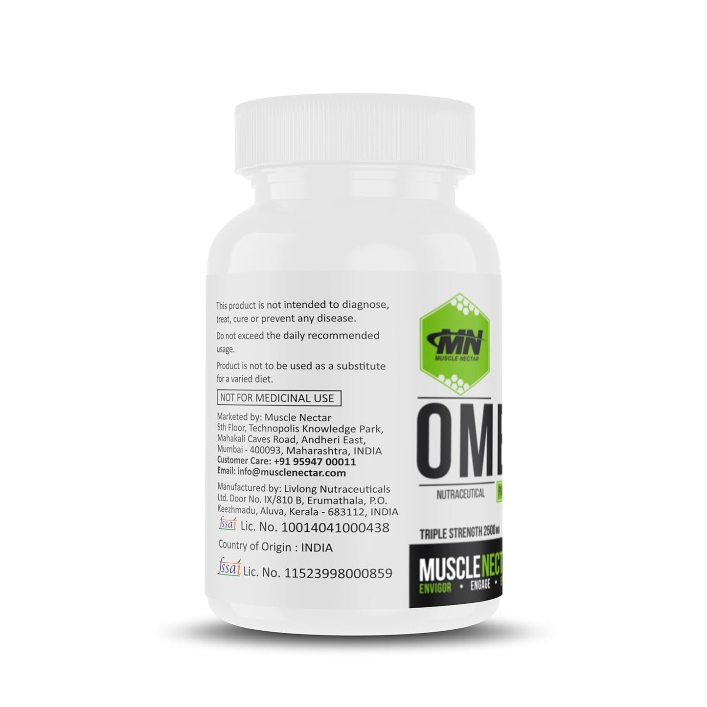 Muscle Nectar Omega 3 Fish Oil Triple Strength, 2500mg (1500mg EPA/DHA), Triglyceride (TG) Form (120 Softgels)