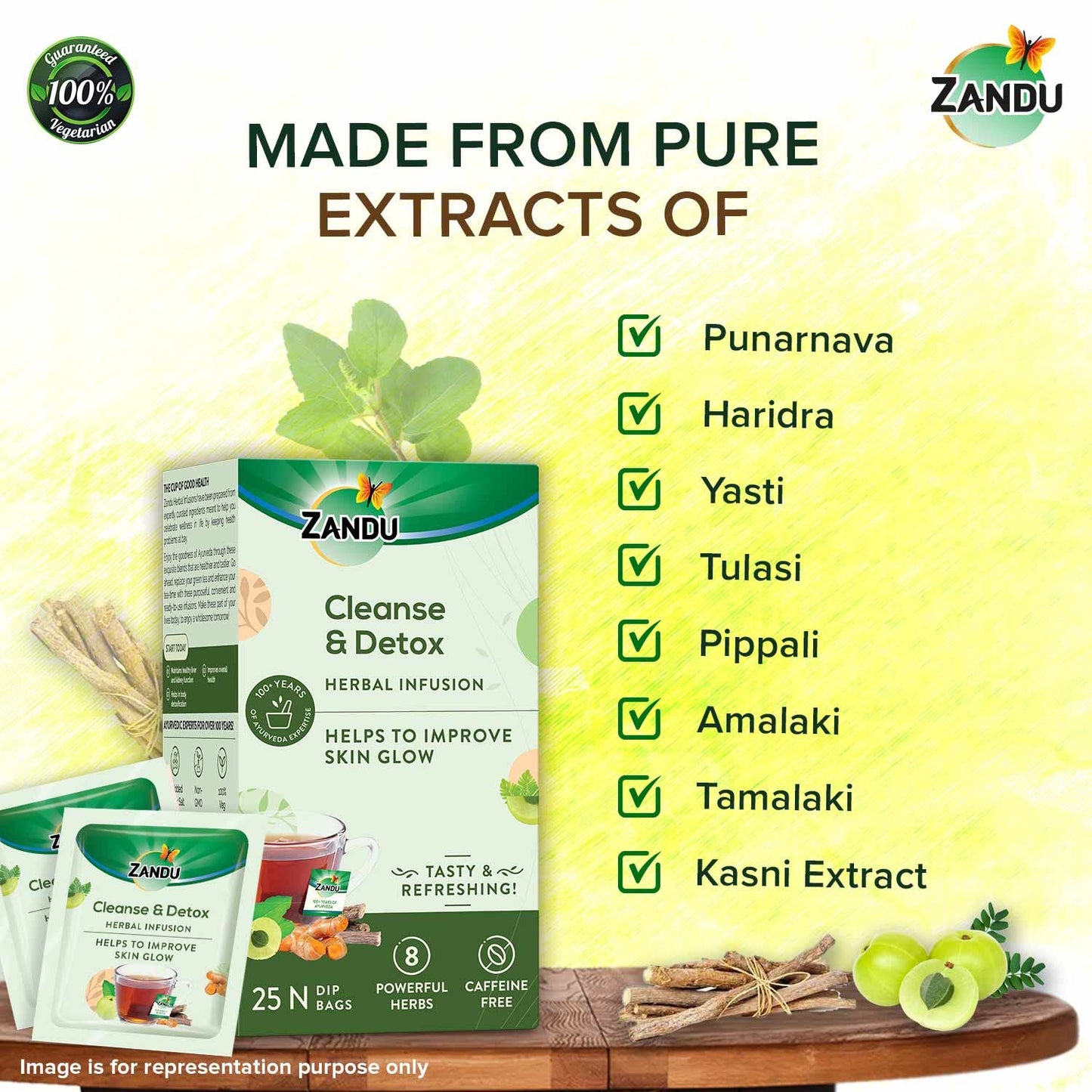 Zandu Cleanse & Detox Herbal Infusion: Use This Tea Bag To Give Your Body The Gift Of Good Health |Helps Improve Skin Glow & Detoxifies The Body (25 Tea Bags), Green Tea, 90 Gram