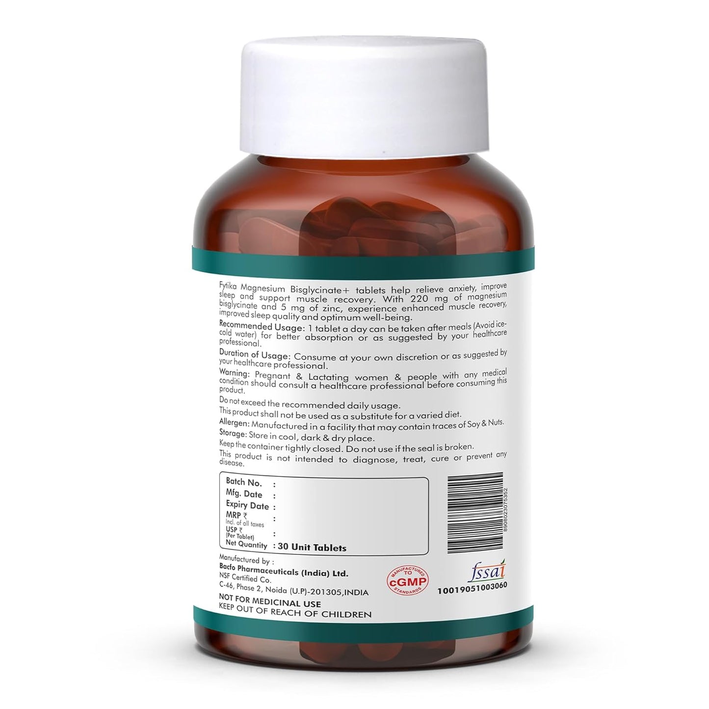 Fytika Magnesium Bisglycinate + | High Absorption Chelated Form| For Better Sleep, Stress Management, Muscle Recovery & Enhanced Workout | With Magnesium glycinate(as Bisglycinate) & Zinc | For Men & Women (Pack of 1 30 Tab)