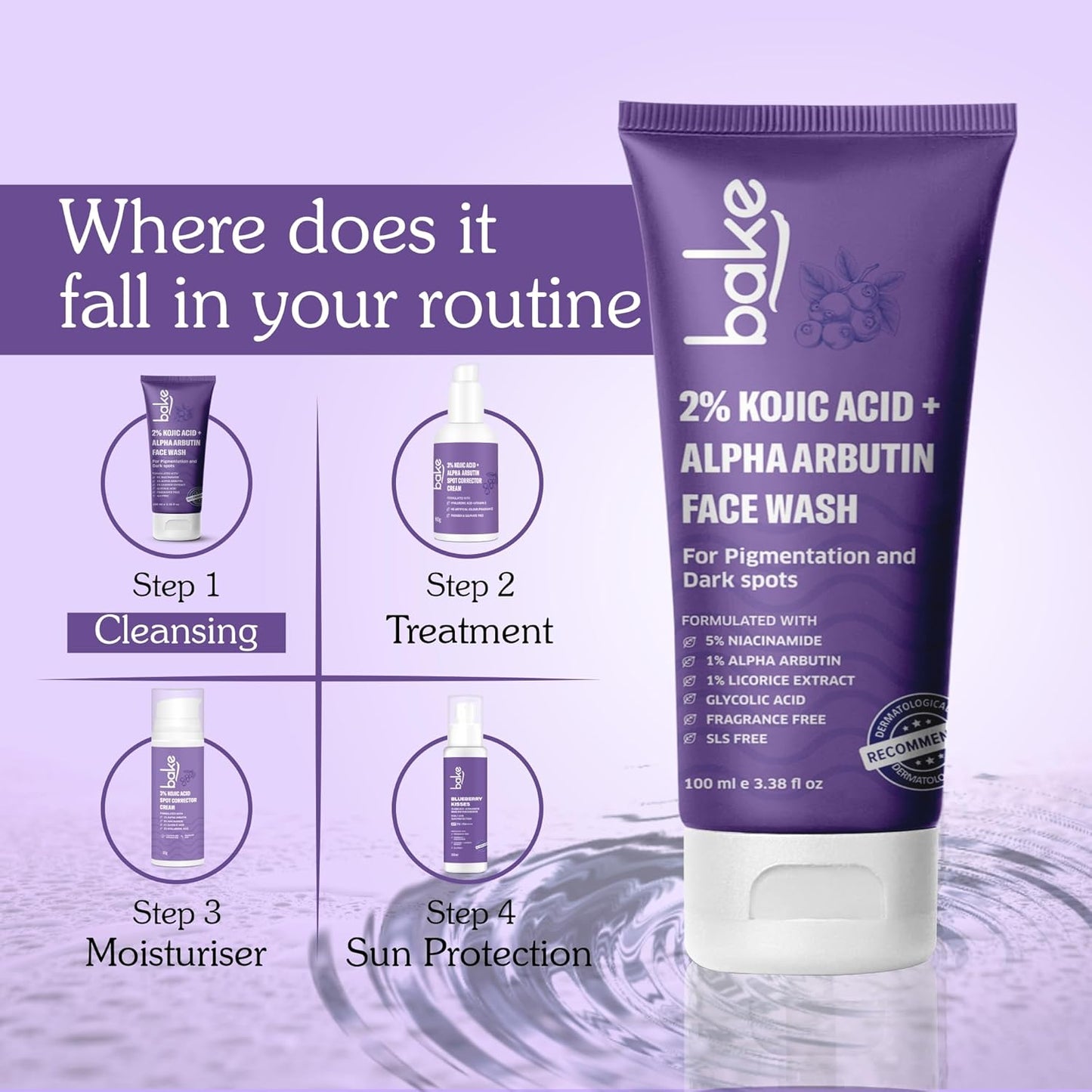 BAKE 2% Kojic Acid Brightening Face Wash Dual Action Formula with Alpha Arbutin & Niacinamide | De-Tan Wash | For Pigmentation, Dark Spots & Tan Removal | Anti Pigmentation Daily Wash - 100ml