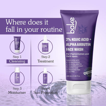BAKE 2% Kojic Acid Brightening Face Wash Dual Action Formula with Alpha Arbutin & Niacinamide | De-Tan Wash | For Pigmentation, Dark Spots & Tan Removal | Anti Pigmentation Daily Wash - 100ml