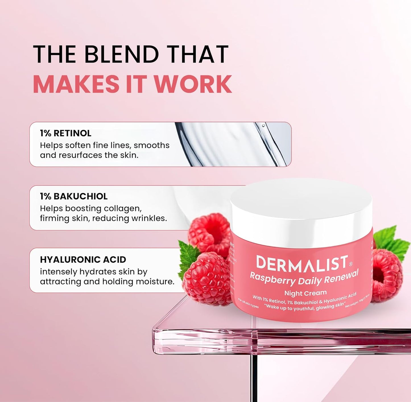 Dermalist Raspberry Daily Renewal Night Cream with ingredients listed on a pink background