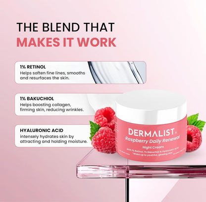 Dermalist Raspberry Daily Renewal Night Cream with ingredients listed on a pink background