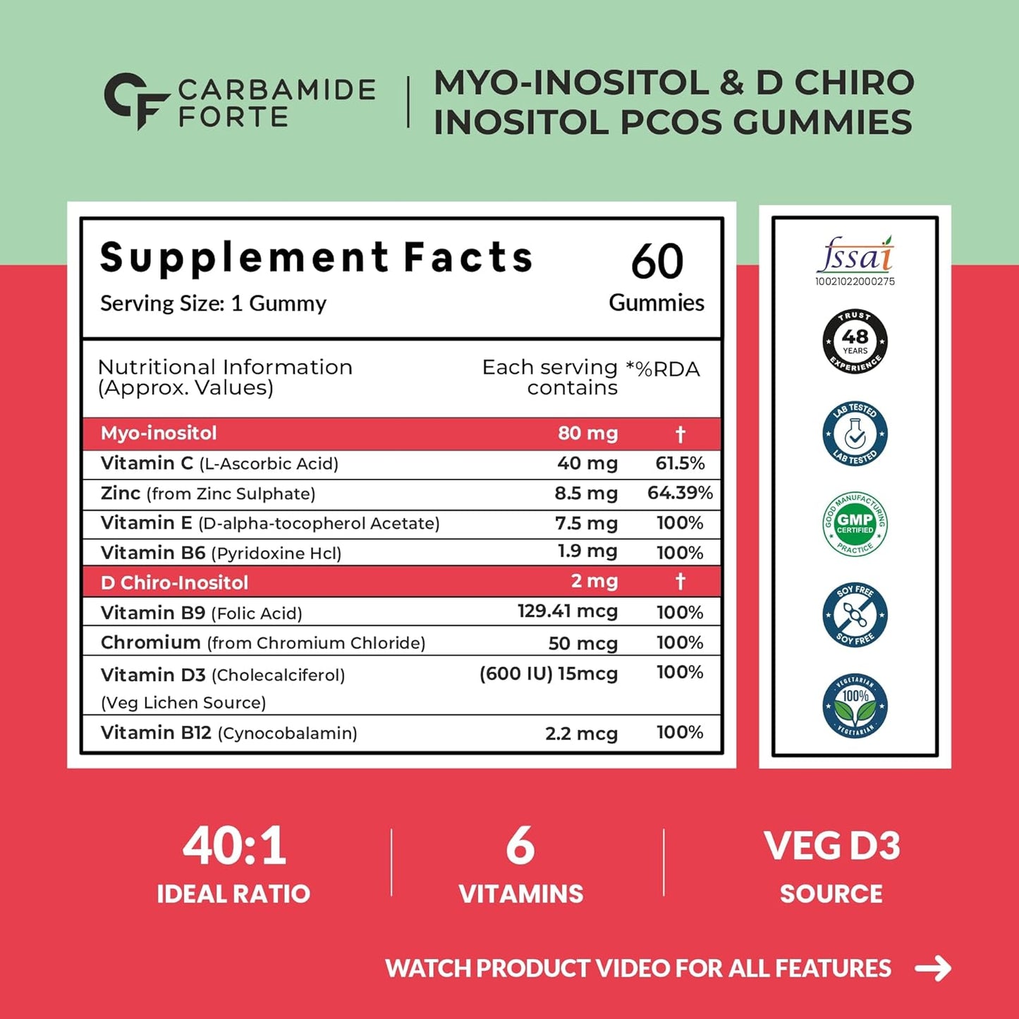 Carbamide Forte PCOS Supplements for Women with 40:1 Ratio of Myo Inositol to D Chiro Inositol | Inositol Supplement for PCOS - 60 Veg Orange Flavoured Gummies, 275 Grams