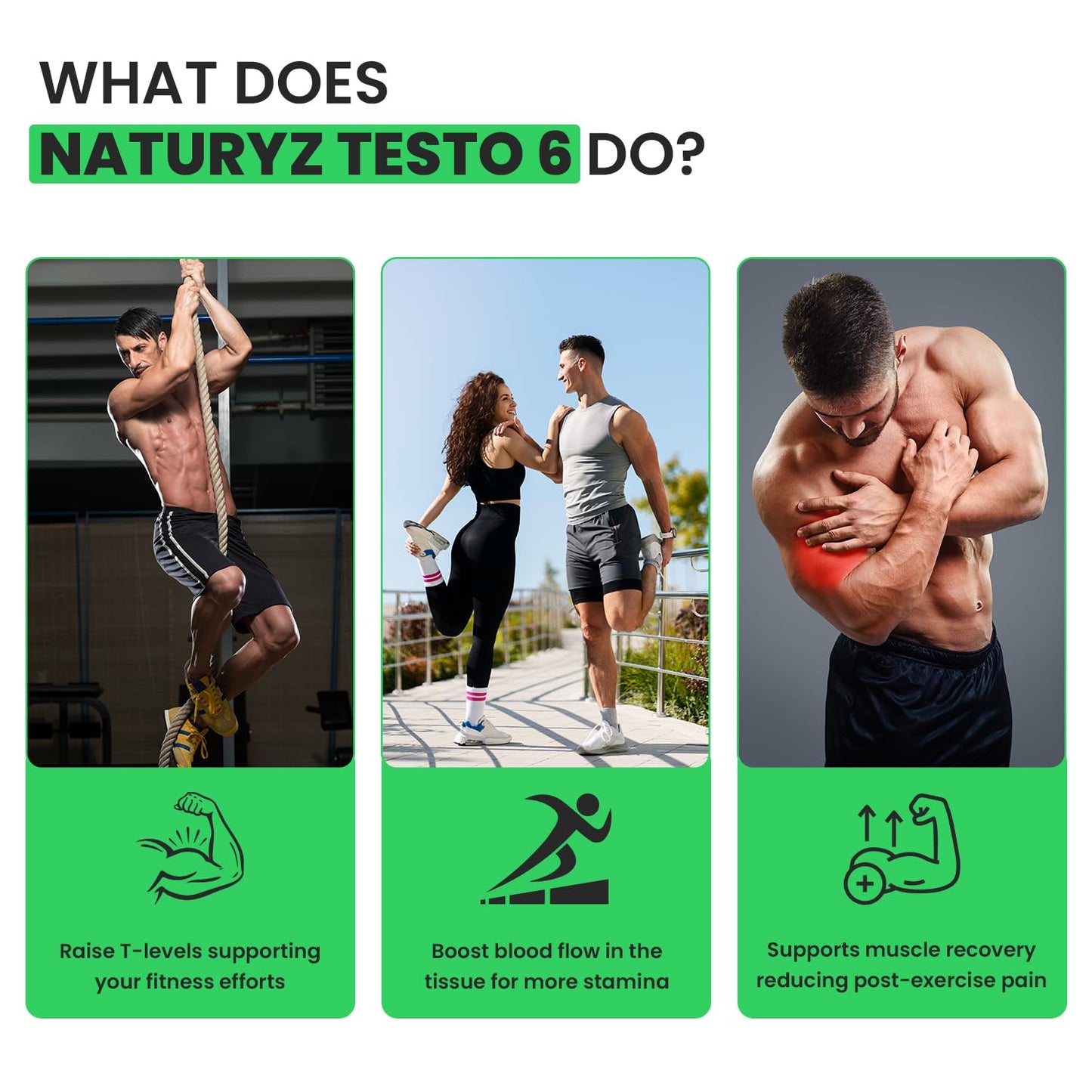 Promotional graphic for Naturyz Testo 6 with images of people exercising and text about product benefits.