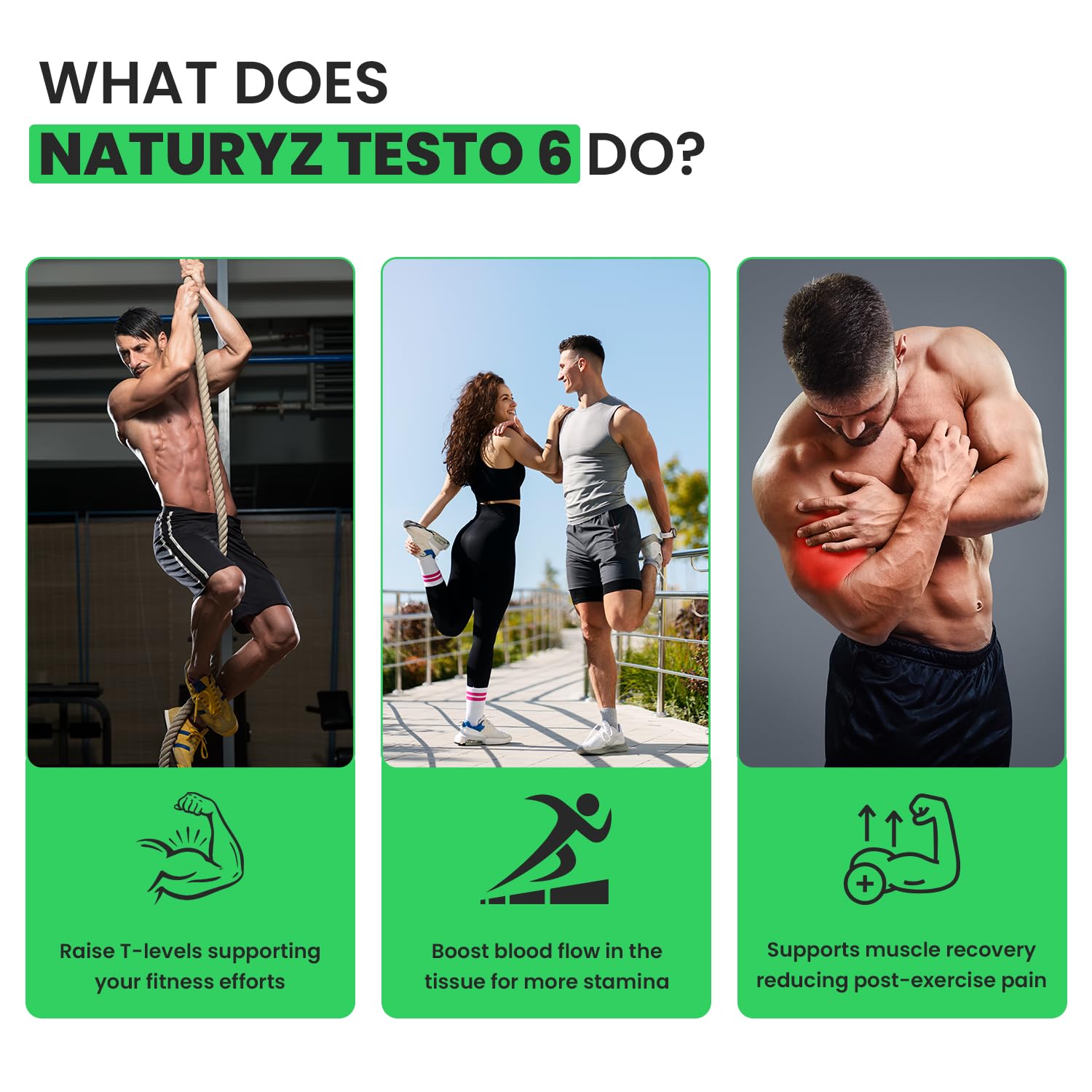 Promotional graphic for Naturyz Testo 6 with images of people exercising and text about product benefits.