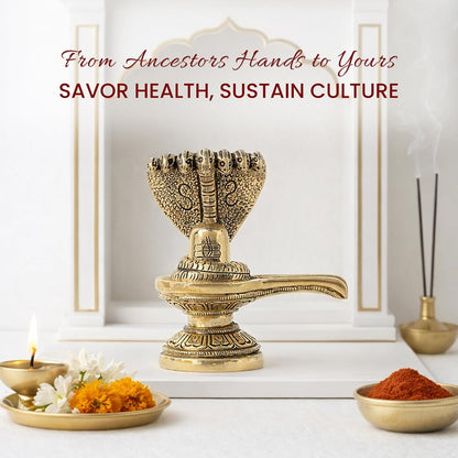 Brass Shivling Idol | Handcrafted Servdharm Shivling for Home Temple & Pooja Room (Design06: L7 x W4 x H8 cm)