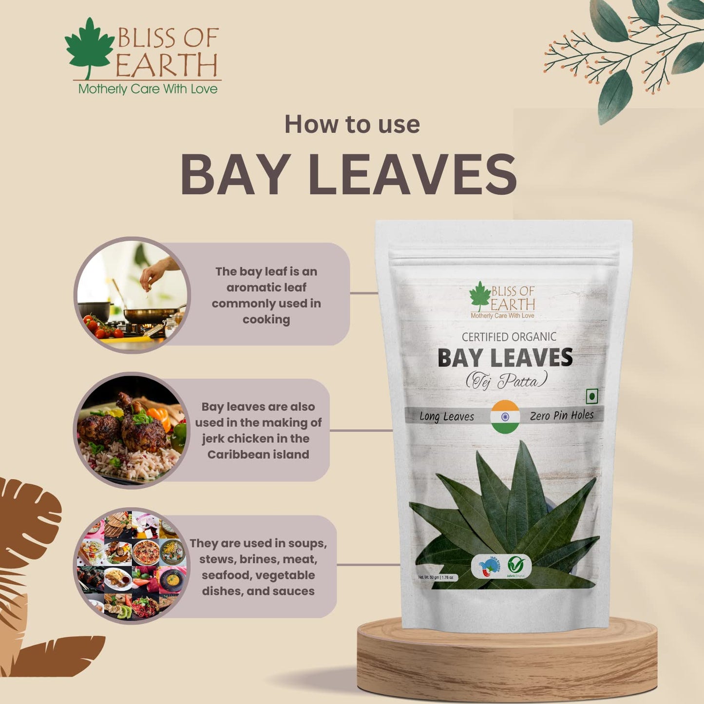 Bliss of Earth Certified Organic Indian Bay Leaves With Zero Pin Holes & Zero Dust, A1 Grade Tej Patta With Uniform Green Color, 50gm