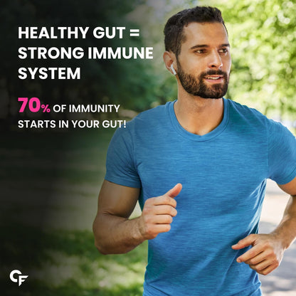 Man running outdoors with health and immunity text overlay