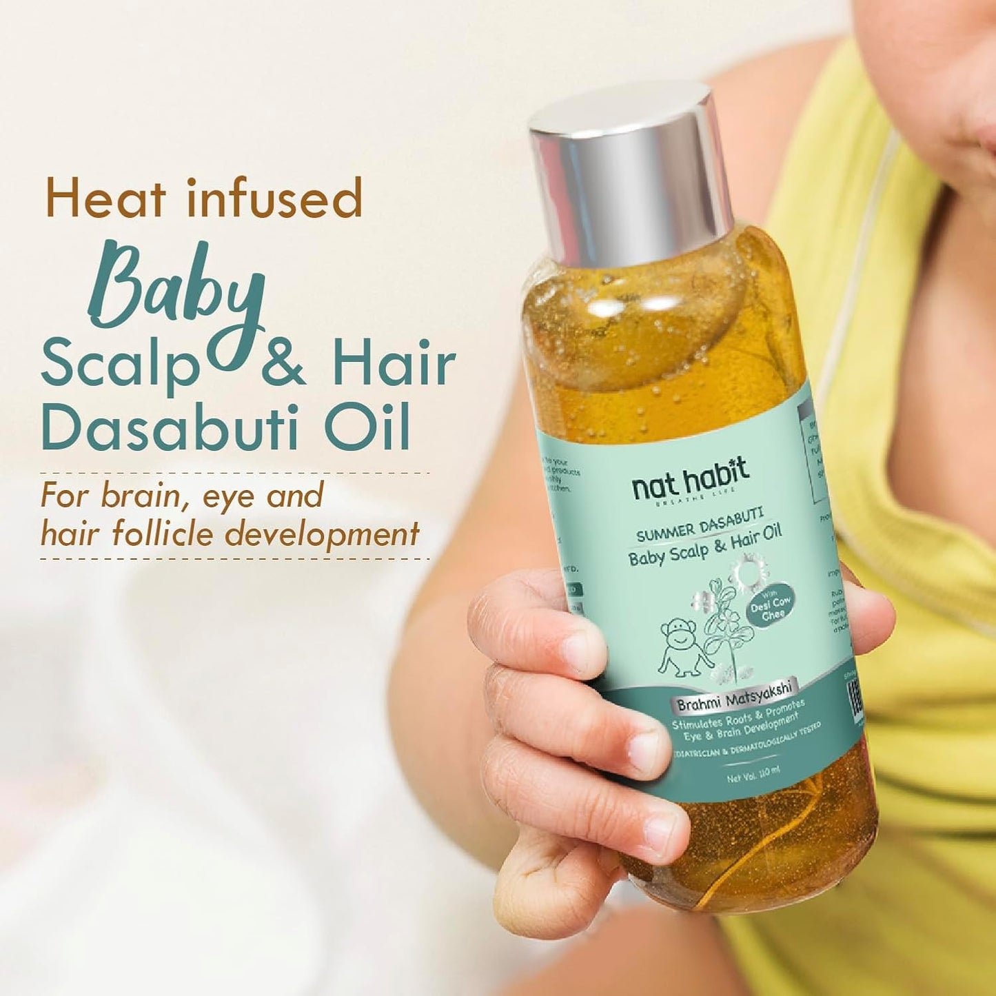 Nat Habit Summer Baby Hair Oil for Kids 0-5 Years | Ayurvedic Hair Oil for Baby with Brahmi, Matsyakshi & Dasabuti | Baby Hair Growth Oil with Desi Ghee & Cold Pressed Oils | Cools Body, Aids Sleep, 110ml