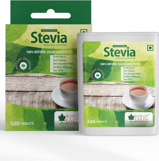 Bliss of Earth Stevia 500 Tablets Sugar free Pellets Zero Calorie Sweetener Diabetic and Keto Friendly Zero Calorie Keto Sweetener, Organic Quick Dissolve 99.8% REB-A Purity