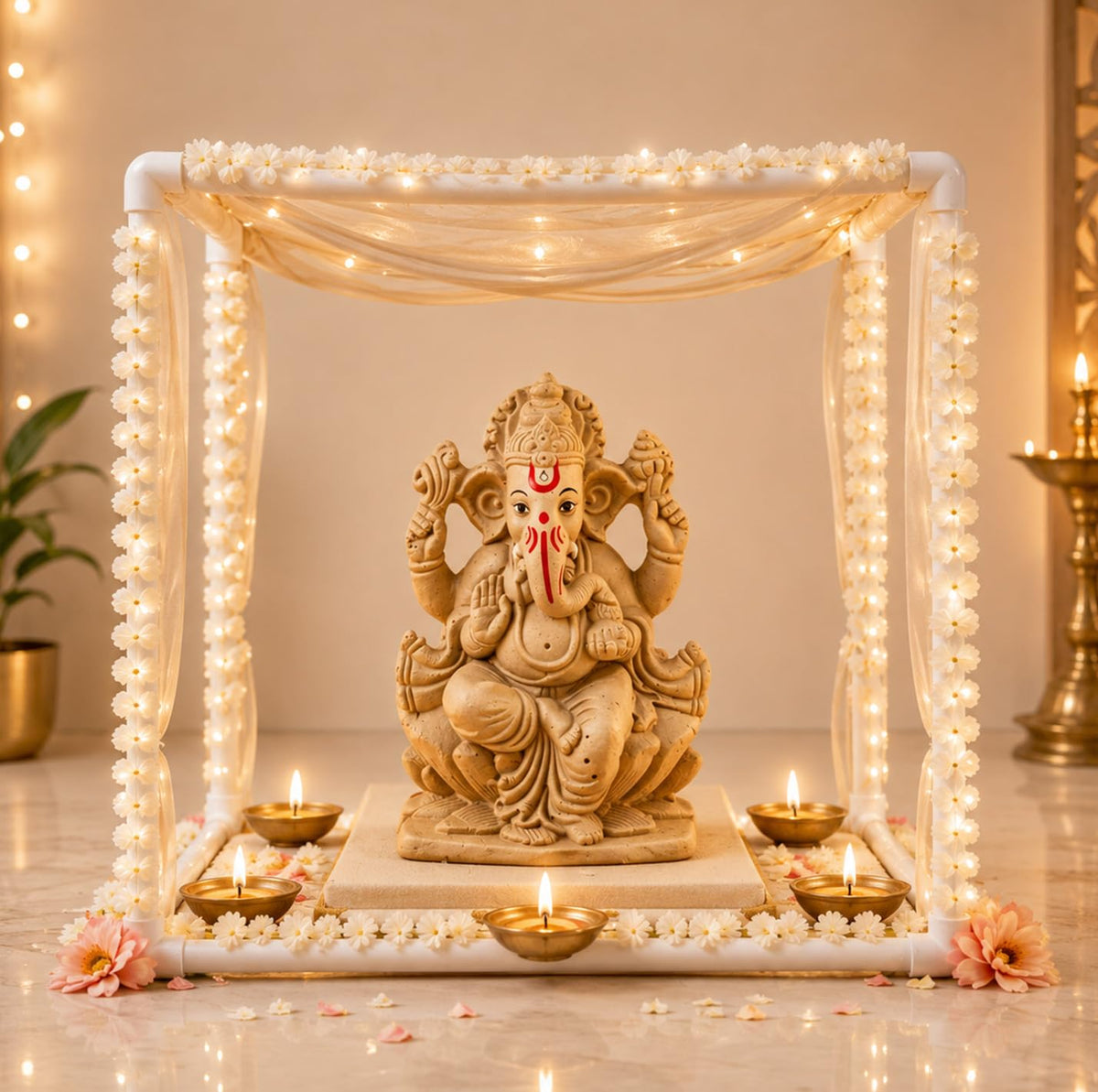 PANCA 40cm Ganpati Mandap for Ganesh Chaturthi Idol Home Decor | Ganesh Murti Sthapana Stand | DIY Pooja Pandal Backdrop Frame Setup | Home Temple Decoration Platform