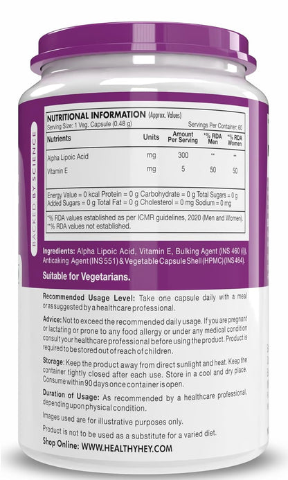 Zephivo HealthyHey Nutrition Alpha Lipoic Acid - ALA- Pack of 60 Veg. Capsules - Gluten Free & Non-GMO
